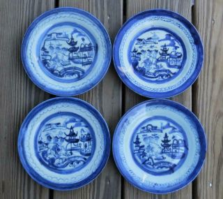 4 Chinese Export Canton Blue & White 7 1/4 " Plates