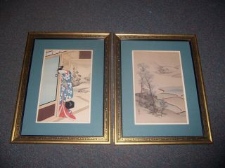 Vintage Japanese Woodblock Print 2 Geisha And Scenic Signed