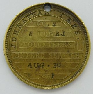 Civil War ID Dog Tag Johnathan Lake Co.  B 5th Regiment R.  I Volunteers 8