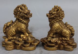 4 " Chinese Bronze Money Wealth Yuan Bao Kylin Dragon Beast Chi - Lin Statue Pair