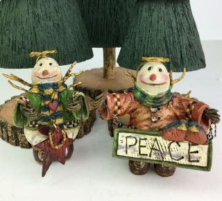 Set Of 2 American Chestnut Folk Art Snowman Ornaments Snow Angel Ornaments