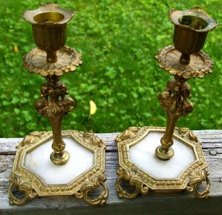 Gothic Pair Bronze & Marble Victorian Candlestick Holders C.  1880
