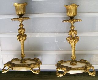 GOTHIC PAIR BRONZE & MARBLE VICTORIAN CANDLESTICK HOLDERS C.  1880 2