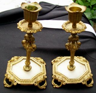 GOTHIC PAIR BRONZE & MARBLE VICTORIAN CANDLESTICK HOLDERS C.  1880 3