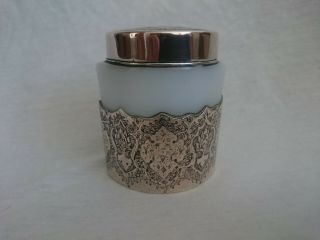 Antique Islamic Persian Silver Mounted Opaline Glass Cream Pot Jar Bottle