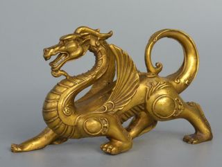 China Fengshui Pure Brass Evil Dragon Kylin Unicorn Wing Beast statue 2