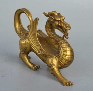 China Fengshui Pure Brass Evil Dragon Kylin Unicorn Wing Beast statue 4