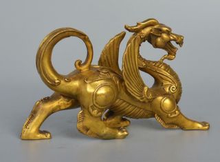 China Fengshui Pure Brass Evil Dragon Kylin Unicorn Wing Beast statue 5