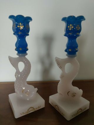 Pair Glass Mma Koi Dolphin Fish 2 - Tone Pink Opslesescent & Blue Candlesticks