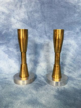 Pair Vintage 6 " Machined Heavy Brass Candlestick Holders Modern Mid Century