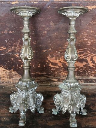 Antique GOTHIC Victorian Brass Pricket Candlestick Set Candle Holders 15” Altar 2