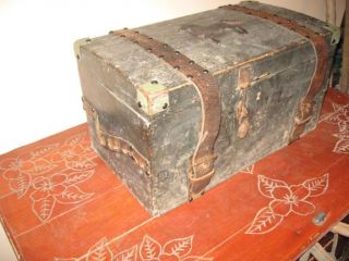 Antique Old Wooden Trunk Chest Box Leather Straps Padlock