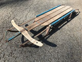 Vintage Blue Streak Racer Sled Antique Metal Wood Ski Decor Cabin