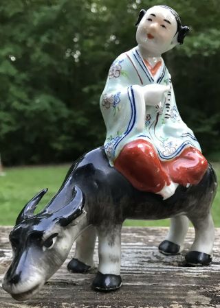 Vintage Antique Chinese Porcelain Man Seated On Water Buffalo Figurine