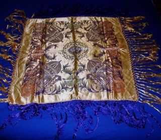 Vintage Embroidered Piano Shawl Scarf 33 " X 33 ",  14 " Fringe Silky Gold & Purple