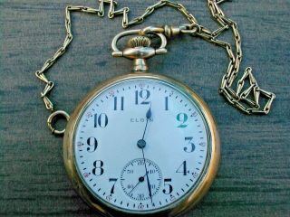 Elgin 10k Gold Filled Case Pocket Watch & Chain Old But Date Unknown Runs