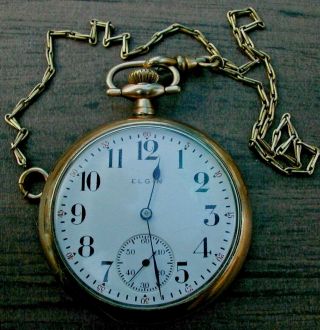 Elgin 10k Gold Filled Case Pocket Watch & Chain Old but date unknown Runs 2