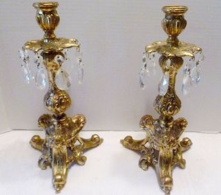 12 " Antique Gold Candle Holders Glass Prisms Hollywood Regency / Bwm Co England