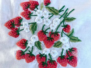 Vintage Hand Embroidered White Cotton Strawberries Table Cloth 33x34 Inches