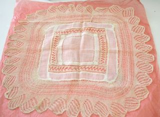 Rare Antique Primitive Wedding Hanky With Hand Knitted Lace Tt312