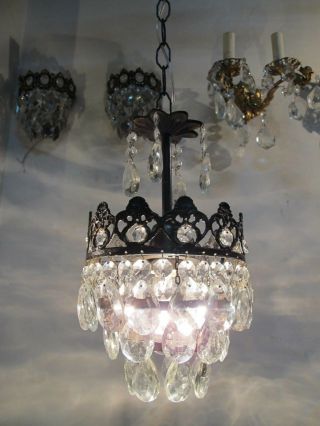 Antique Vintage French Basket Style Crystal Chandelier Lamp 1940s 7 In Diameter