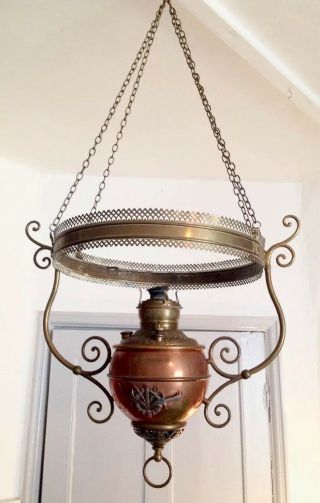 Large 19th C Antique Usa Miller Brass Hanging Oil Lamp Project