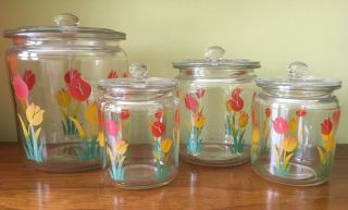 Antique Painted Tulips Flower Small Kitchen Bath Vanity Glass Canister Jar Set 4