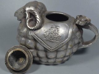 Tibet Collectable Auspicious Handwork Miao Silver Carve Sheep Wealthy Tea Pot 4