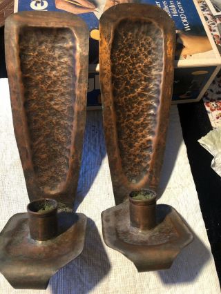 Vintage Arts And Crafts Hammered Copper Candle Wall Sconces 10”