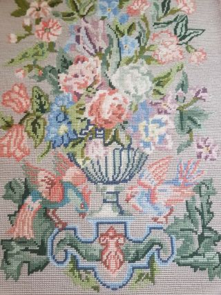 Large Vintage Wool Tapestry Piece Urn Of Flowers And Birds