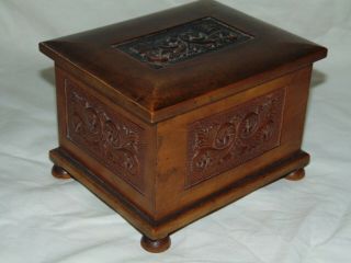 Lovely Little Antique Vintage Wooden Box With Carved Panel Decoration Good Order