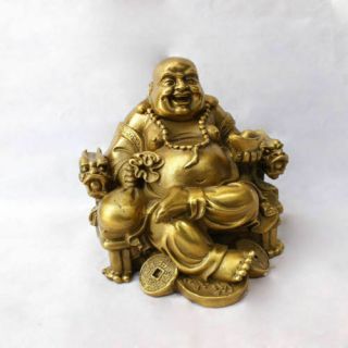 Chinese Brass Sit Dragon Chair Happy Laughing Maitreya Buddha Statue Figurine 2