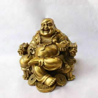 Chinese Brass Sit Dragon Chair Happy Laughing Maitreya Buddha Statue Figurine 3