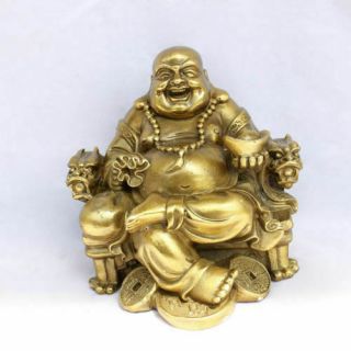 Chinese Brass Sit Dragon Chair Happy Laughing Maitreya Buddha Statue Figurine 4