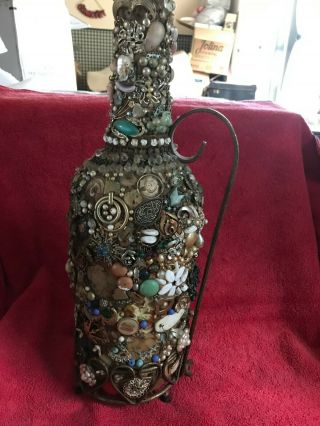 Vintage Pitcher With Variety Of Jewels Brass (?) Handle And Holder