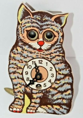 Vintage Made In Germany Moving Eye Cat Wind Up Clock
