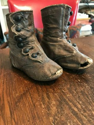 Antique Pair Victorian Buttoned Leather Baby Shoes Boots Tiny Please Read
