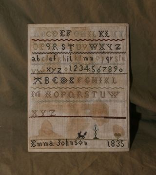 Antique 1835 Linen Alphabet Sampler Hand Done Cross Stitch Signed 8x10 "