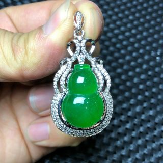 Rare Chinese Handwork S925 Silver & Green Jadeite Jade Fortune Gourd Pendant