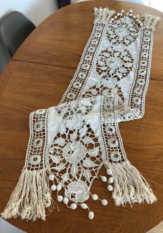 Vintage French Hand Worked Fringed Embroidered Table Runner