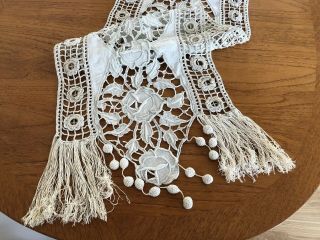 Vintage French Hand Worked Fringed Embroidered Table Runner 2