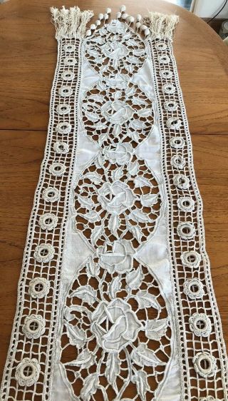 Vintage French Hand Worked Fringed Embroidered Table Runner 4