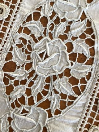 Vintage French Hand Worked Fringed Embroidered Table Runner 5