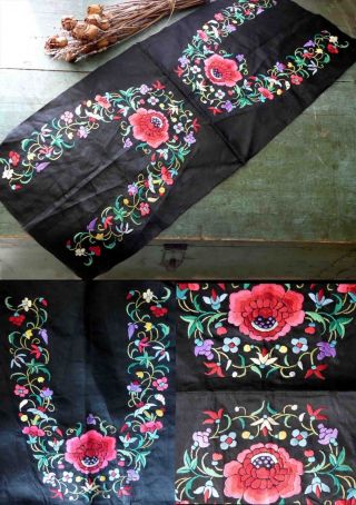C1820s Impressive Black Silk Polychrome Floral Embroidered Shoes Uppers