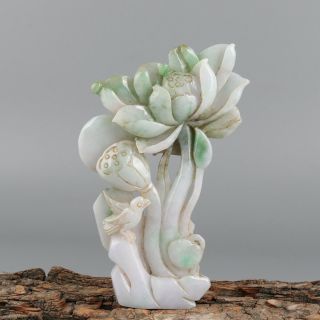 Chinese Exquisite Hand - Carved Lotus Bird Carving Jadeite Jade Statue