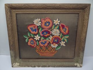 Antique Wood Framed Gold Colored Flower Bouquet Decorative Crochet Needlepoint