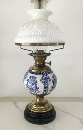 Antique Blue Pottery And Brass White Vesta Shade Oil Lamp