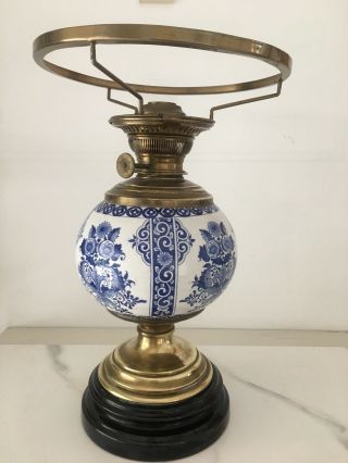 antique blue pottery and brass white vesta shade oil lamp 2