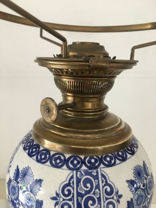 antique blue pottery and brass white vesta shade oil lamp 3