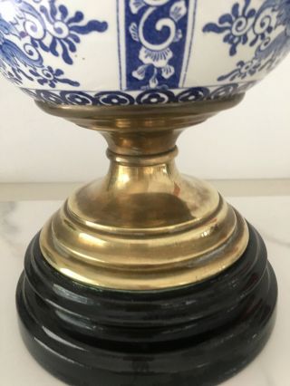 antique blue pottery and brass white vesta shade oil lamp 4